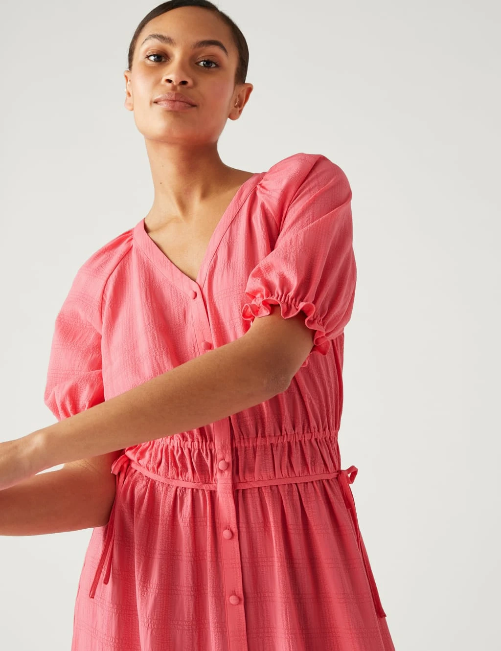 V-Neck Button Through Midi Waisted Dress 3 V-Neck Button Through Midi Waisted Dress - Image 3