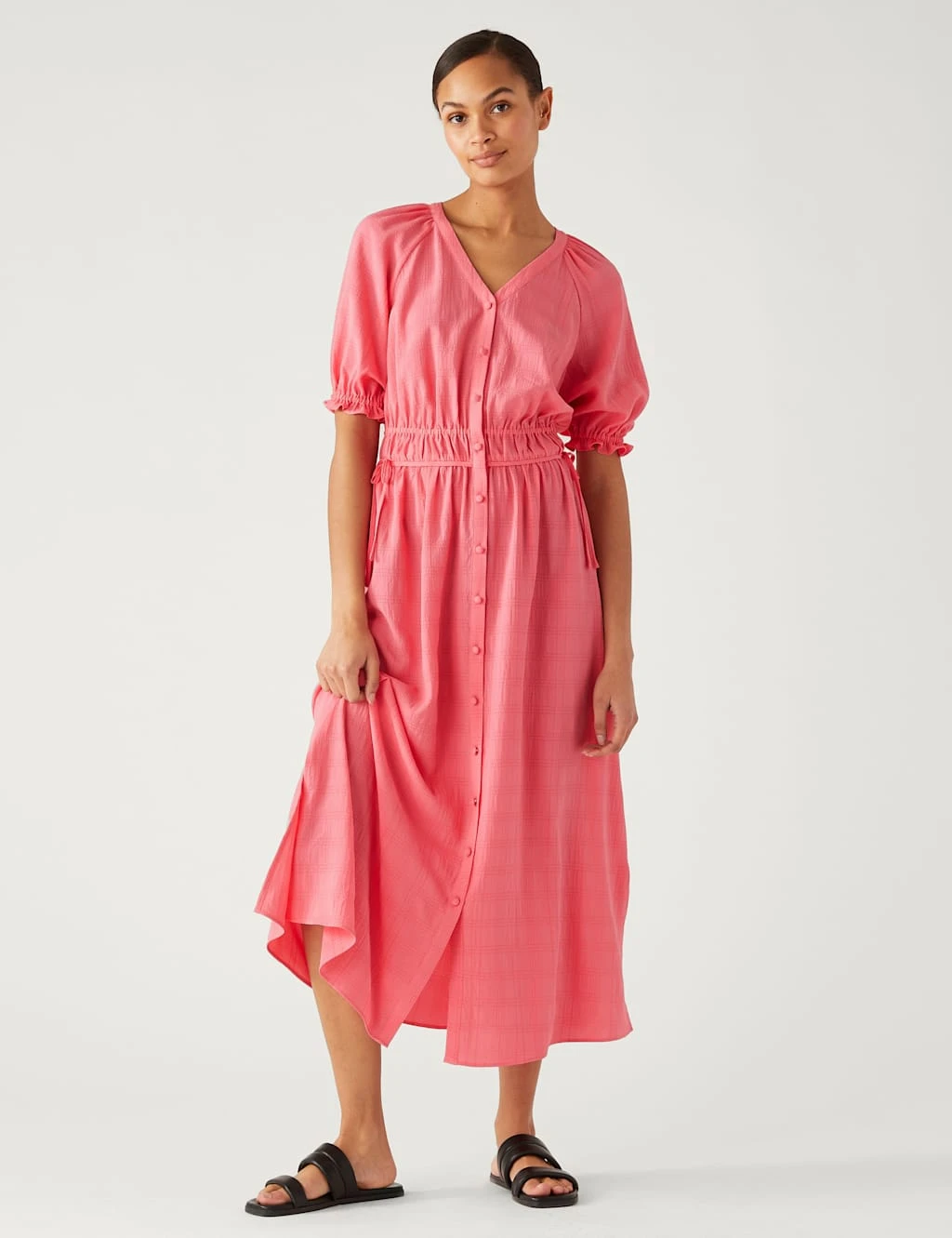 V-Neck Button Through Midi Waisted Dress 4 V-Neck Button Through Midi Waisted Dress - Image 4