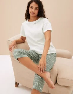 Pure Cotton Palm Print Cropped Pyjama Set