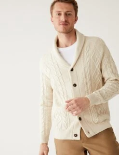 Cotton Blend Ribbed Shawl Collar Cardigan