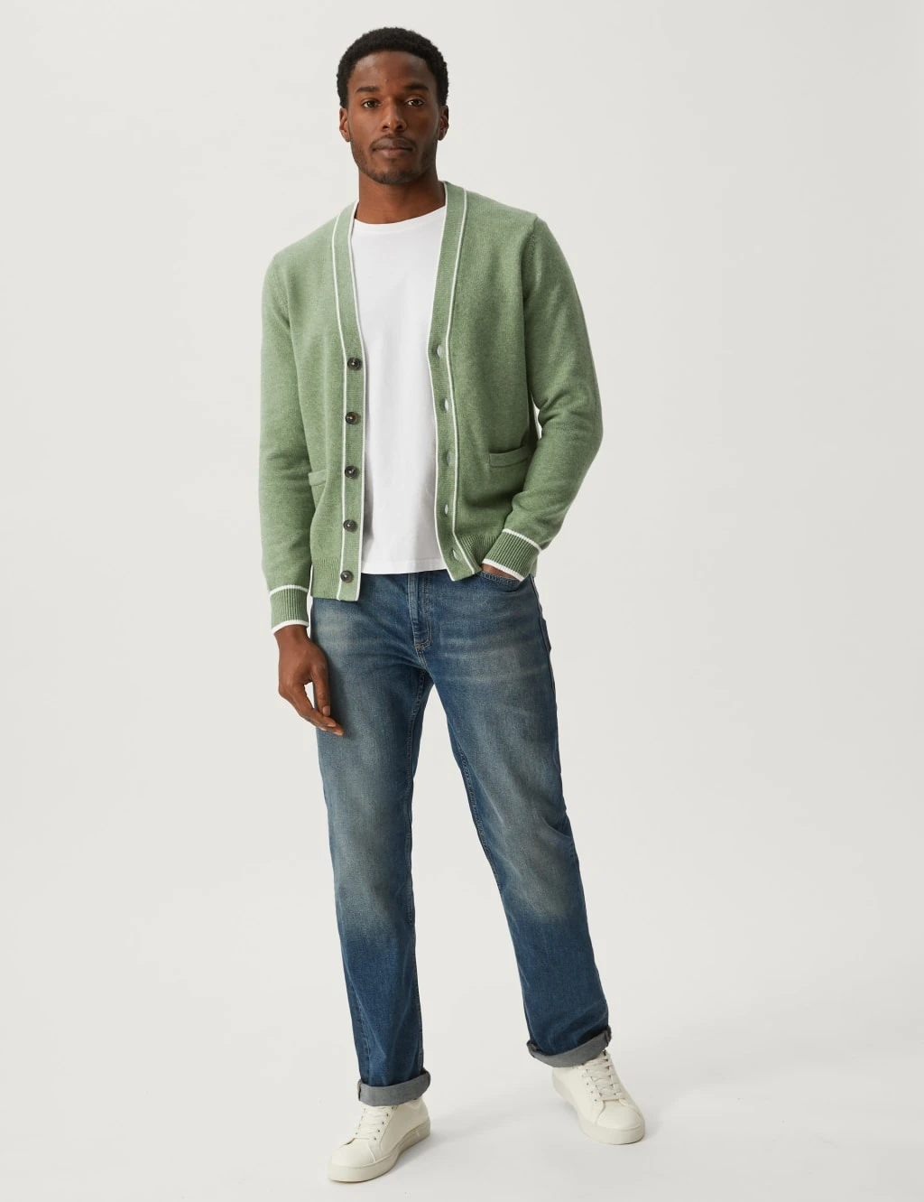 Cotton Blend Tipped V-Neck Cardigan 3 Cotton Blend Tipped V-Neck Cardigan - Image 3