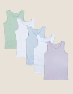 5pk Pure Cotton Spotted & Plain Vests (2-14 Yrs)