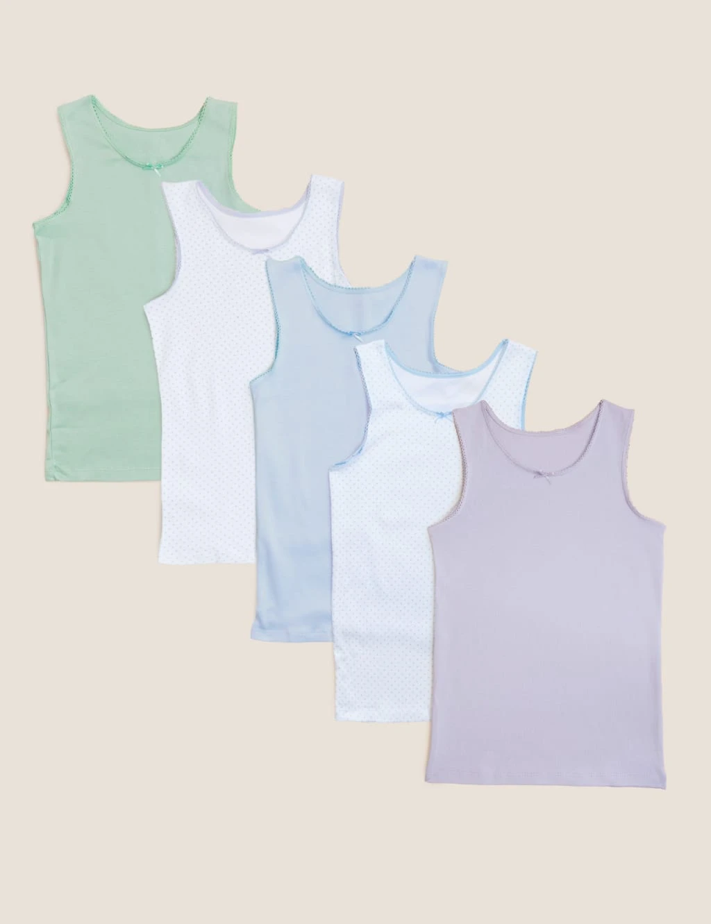 5pk Pure Cotton Spotted & Plain Vests (2-14 Yrs) 1 5pk Pure Cotton Spotted & Plain Vests (2-14 Yrs)