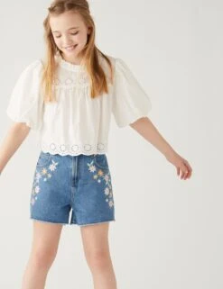 Mom Denim Embroidered Shorts (6-16 Yrs)