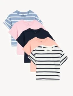 5pk Pure Cotton Plain & Striped Tops (2-8 Yrs)