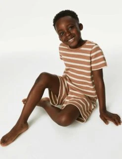 Pure Cotton Striped Waffle Short Pyjama Set (1-8 Yrs)