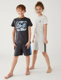 2pk Cotton Rich Football Short Pyjama Sets (6-16 Yrs)