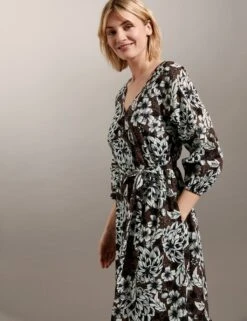 Jaeger Pure Cotton Floral V-Neck Midi Tiered Dress