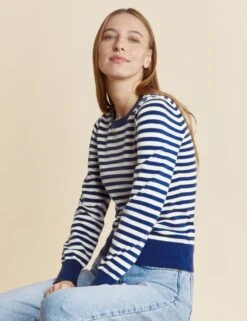 Cotton Blend Striped Crew Neck Jumper