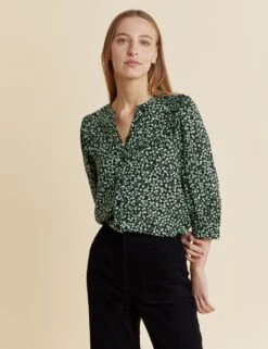 Printed V-Neck Ruffle Blouse