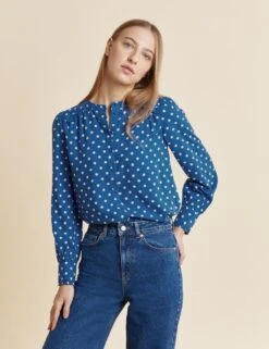Polka Dot Round Neck Ruffle Blouse