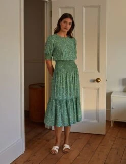 Ditsy Floral Round Neck Midi Smock Dress