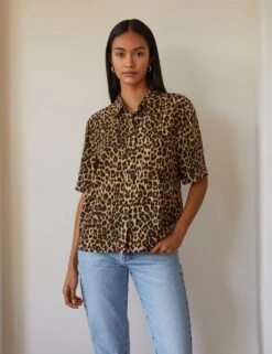 Animal Print Collared Button Through Blouse