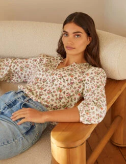 Floral V-Neck Blouson Sleeve Blouse