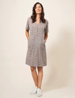 WHITE STUFF Pure Cotton Printed Notch Neck Shift Dress