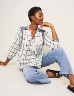 WHITE STUFF Cotton Rich Checked Embroidered Shirt