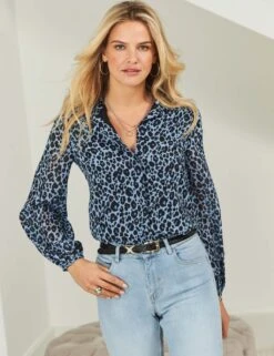 Animal Print Collared Blouson Sleeve Blouse