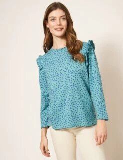 WHITE STUFF Pure Cotton Printed Ruffle Top