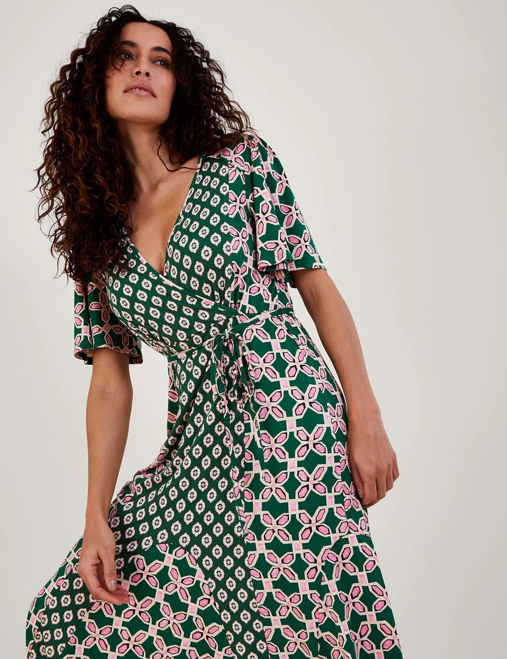 MONSOON Geometric V-Neck Tie Waist Midi Wrap Dress 3 MONSOON Geometric V-Neck Tie Waist Midi Wrap Dress - Image 3