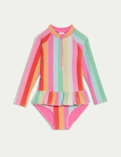 Striped Long Sleeve Frill Swim Suit (2-8 Yrs)