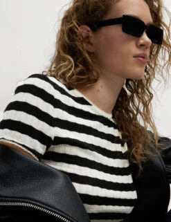 Striped Pointelle Crew Neck T-Shirt -Marks And Spencer Shop Striped Pointelle Crew Neck T Shirt 4