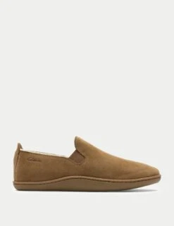 Clarks Suede Faux Fur Lined Moccasin Slippers