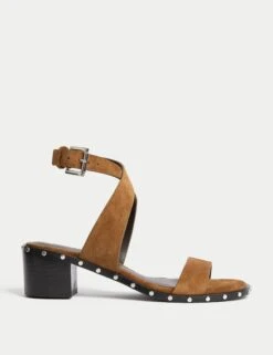 Suede Studded Ankle Strap Block Heel Sandals