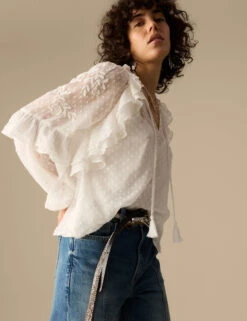 Textured Tie Neck Ruffle Puff Sleeve Blouse