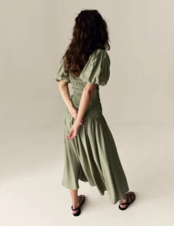 Textured V-Neck Puff Sleeve Midaxi Shirred Dress -Marks And Spencer Shop Textured V Neck Puff Sleeve Midaxi Shirred Dress 4