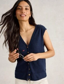 WHITE STUFF V-Neck Sleeveless Cardigan With Linen