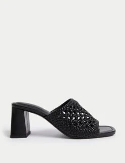 Woven Block Heel Open Toe Mules