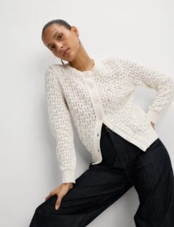 Cotton Blend Embellished Crew Neck Cardigan -Marks And Spencer Shop cotton blend embellished crew neck cardigan 10