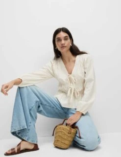 Cotton Rich Tie Front Blouse -Marks And Spencer Shop cotton rich tie front blouse 11