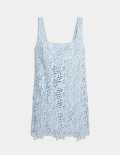 Floral Sequin Square Neck Cutwork Detail Mini Column Dress -Marks And Spencer Shop floral sequin cutwork mini dress 4
