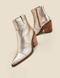 Leather Cow Boy Croc Block Heel Ankle Boots -Marks And Spencer Shop leather cow boy croc block heel ankle boots 10