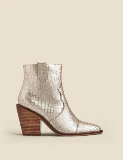 Leather Cow Boy Croc Block Heel Ankle Boots -Marks And Spencer Shop leather cow boy croc block heel ankle boots 11