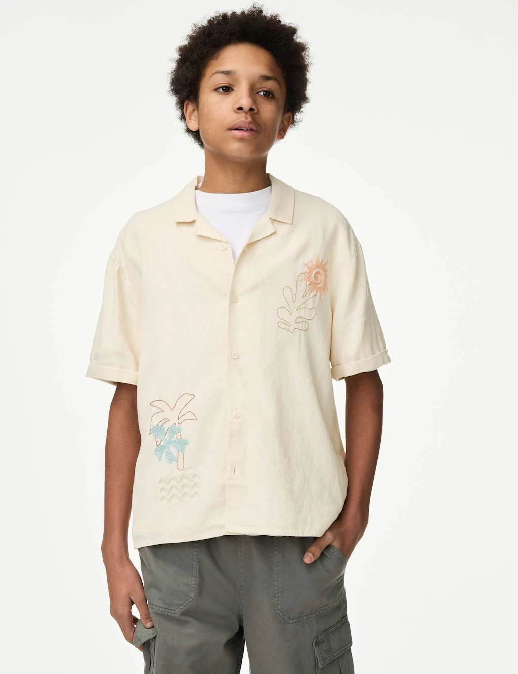 Linen Rich Embroidered Shirt (6-16 Yrs) 9 Linen Rich Embroidered Shirt (6-16 Yrs) - Image 9