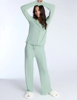 Modal Ribbed Wide Leg Pyjama Bottoms -Marks And Spencer Shop modal ribbed wide leg pyjama bottoms 8