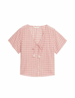 Pure Cotton Gingham Tie Front Pyjama Top -Marks And Spencer Shop pure cotton gingham tie front pyjama top