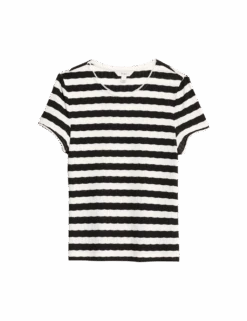 Striped Pointelle Crew Neck T-Shirt -Marks And Spencer Shop striped pointelle crew neck t shirt