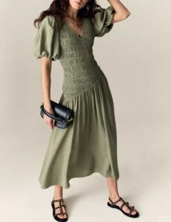 Textured V-Neck Puff Sleeve Midaxi Shirred Dress -Marks And Spencer Shop textured v neck puff sleeve midaxi shirred dress 9